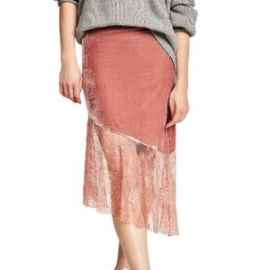 NWT! FREE PEOPLE Asymmetrical Lace Midi Skirt Canyon Arroyo Pink Lace Velvet